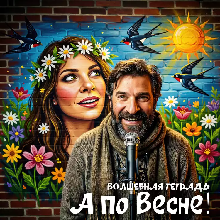 На изображении представлена яркая и красочная сцена с двумя людьми на фоне нарисованной стены. Мужчина с микрофоном в руках улыбается, а женщина с венком из ромашек на голове смотрит вверх. На заднем плане изображены цветы, птицы и солнце, создающие атмосферу весны и радости. Текст внизу гласит: «Волшебная тетрадь. А по весне!».