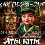 Яркая иллюстрация в стиле 3D-анимации к песне группы «Волшебная тетрадь». Улыбающийся мальчик в зеленом гусарском мундире с золотыми эполетами и кивере поет в микрофон. Рядом с ним стоит оживший золотистый самовар с веселым лицом. В нижней части изображения крупная надпись: «Аты-баты!».