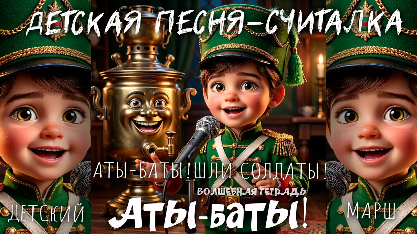 Яркая иллюстрация в стиле 3D-анимации к песне группы «Волшебная тетрадь». Улыбающийся мальчик в зеленом гусарском мундире с золотыми эполетами и кивере поет в микрофон. Рядом с ним стоит оживший золотистый самовар с веселым лицом. В нижней части изображения крупная надпись: «Аты-баты!».