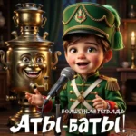 Яркая иллюстрация в стиле 3D-анимации к песне группы «Волшебная тетрадь». Улыбающийся мальчик в зеленом гусарском мундире с золотыми эполетами и кивере поет в микрофон. Рядом с ним стоит оживший золотистый самовар с веселым лицом. В нижней части изображения крупная надпись: «Аты-баты!».