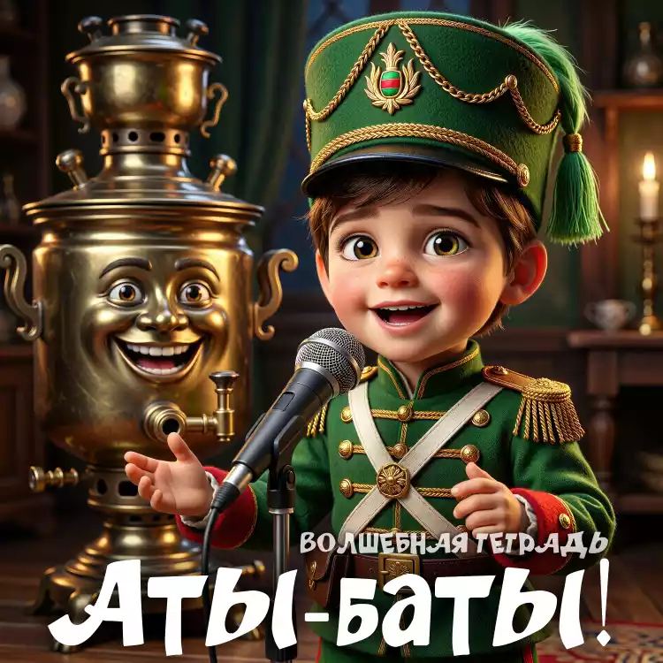 Яркая иллюстрация в стиле 3D-анимации к песне группы «Волшебная тетрадь». Улыбающийся мальчик в зеленом гусарском мундире с золотыми эполетами и кивере поет в микрофон. Рядом с ним стоит оживший золотистый самовар с веселым лицом. В нижней части изображения крупная надпись: «Аты-баты!».