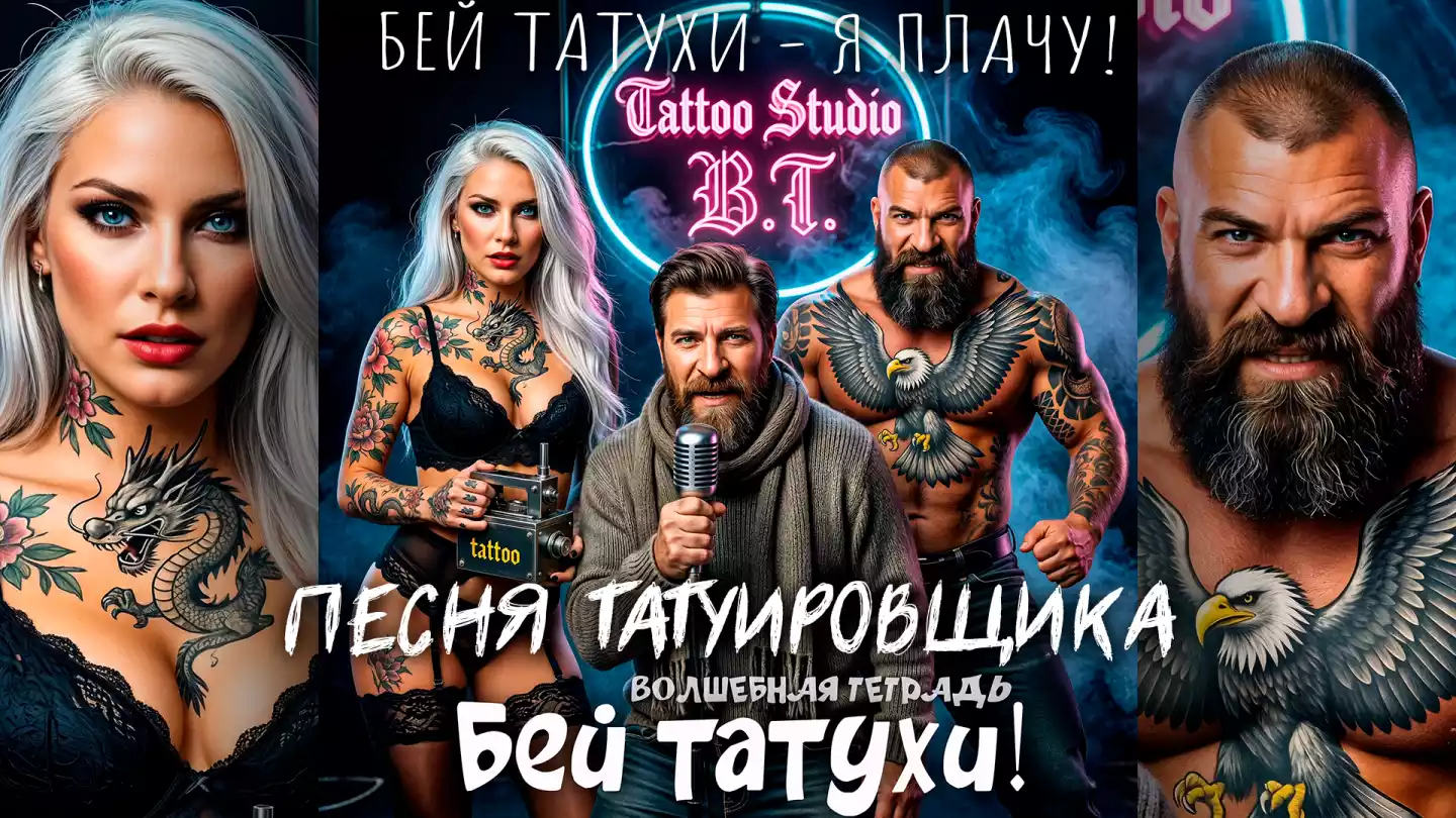 Обложка песни «Бей татухи!» от «Волшебной тетради». В центре — бородатый мужчина с микрофоном в вязаном шарфе. По бокам от него — татуированные бодибилдер с татуировкой орла на груди и девушка-татуировщица в черном кружевном белье с татуировкой цветов и дракона на плече. На заднем плане неоновая вывеска «Tattoo Studio B.T.».