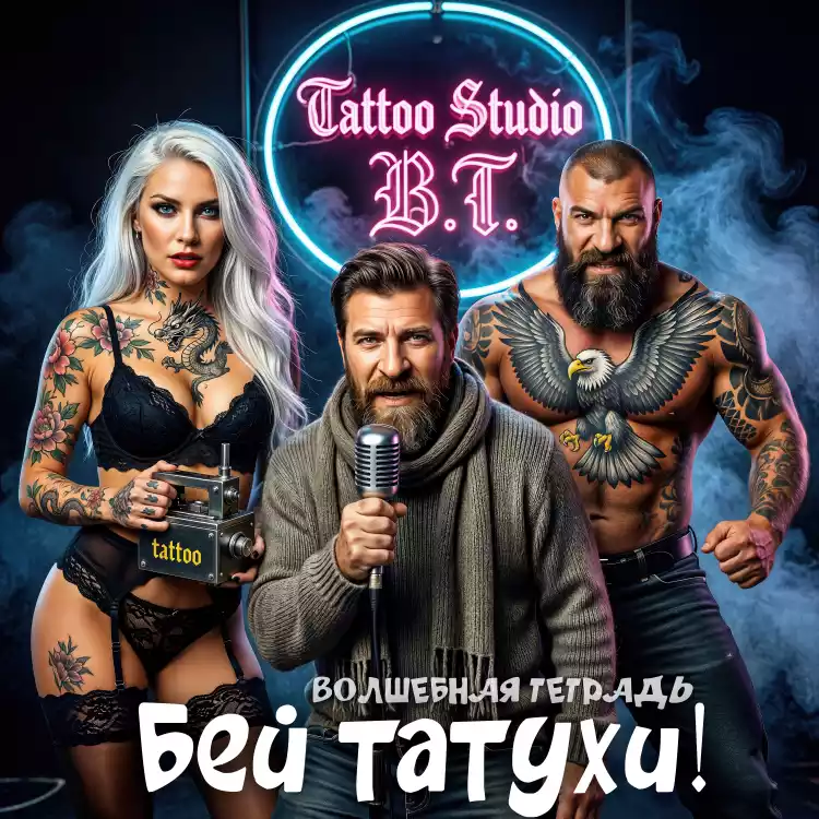 Обложка песни «Бей татухи!» от «Волшебной тетради». В центре — бородатый мужчина с микрофоном в вязаном шарфе. По бокам от него — татуированные бодибилдер с татуировкой орла на груди и девушка-татуировщица в черном кружевном белье с татуировкой цветов и дракона на плече. На заднем плане неоновая вывеска «Tattoo Studio B.T.».