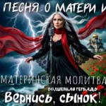 Изображение в драматическом стиле. В центре — женщина с длинными седыми волосами и в черном готическом платье, поющая в студийный микрофон. На шее развевается длинный красный шарф. На заднем плане — темное море, скалы, вспышки молний и золотые купола храма. На переднем плане — поле красных маков. Внизу крупная надпись: «Волшебная тетрадь. Вернись, сынок!».