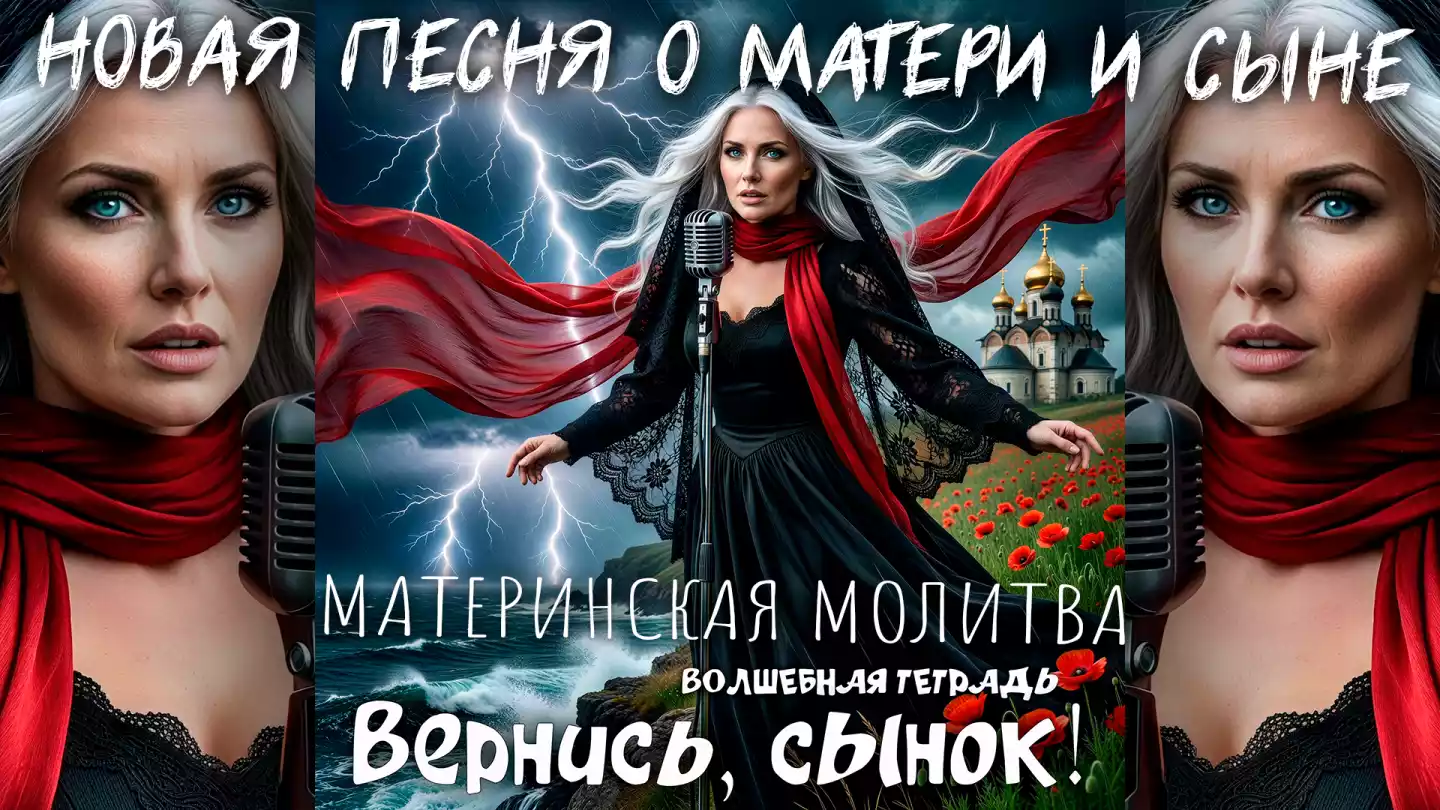 Изображение в драматическом стиле. В центре — женщина с длинными седыми волосами и в черном готическом платье, поющая в студийный микрофон. На шее развевается длинный красный шарф. На заднем плане — темное море, скалы, вспышки молний и золотые купола храма. На переднем плане — поле красных маков. Внизу крупная надпись: «Волшебная тетрадь. Вернись, сынок!».