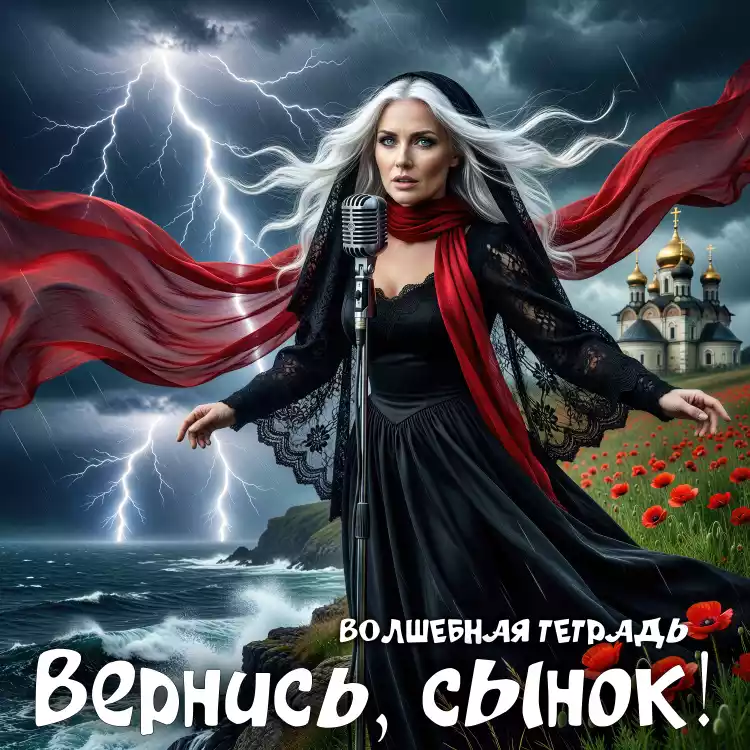 Изображение в драматическом стиле. В центре — женщина с длинными седыми волосами и в черном готическом платье, поющая в студийный микрофон. На шее развевается длинный красный шарф. На заднем плане — темное море, скалы, вспышки молний и золотые купола храма. На переднем плане — поле красных маков. Внизу крупная надпись: «Волшебная тетрадь. Вернись, сынок!».