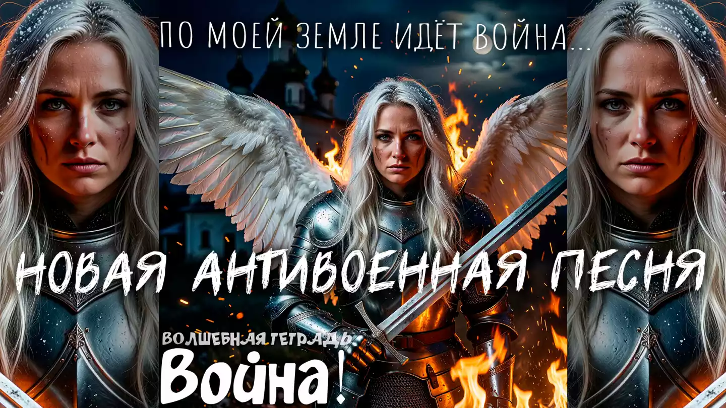 Иллюстрация к песне: женщина-ангел в стальных доспехах с мечом на фоне горящего храма и ночного неба. Внизу надпись «Волшебная тетрадь: Война!».