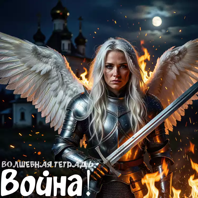 Цифровая иллюстрация: женщина-ангел в стальных доспехах с мечом на фоне горящего храма и ночного неба. Внизу надпись «Волшебная тетрадь: Война!».