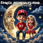 Иллюстрация в стиле 3D-анимации: улыбающийся мальчик в красной кепке и футболке с надписью «B.T.» и девочка в красном платье в горошек сидят на огромном полумесяце с добрым человеческим лицом. Фон — ночное звездное небо с пушистыми облаками и свисающими на ниточках светящимися звездами. Сверху надпись на русском языке: «Вышел месяц из тумана... ВОЛШЕБНАЯ ТЕТРАДЬ».