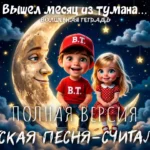 Иллюстрация в стиле 3D-анимации: улыбающийся мальчик в красной кепке и футболке с надписью «B.T.» и девочка в красном платье в горошек сидят на огромном полумесяце с добрым человеческим лицом. Фон — ночное звездное небо с пушистыми облаками и свисающими на ниточках светящимися звездами. Сверху надпись на русском языке: «Вышел месяц из тумана... ВОЛШЕБНАЯ ТЕТРАДЬ».