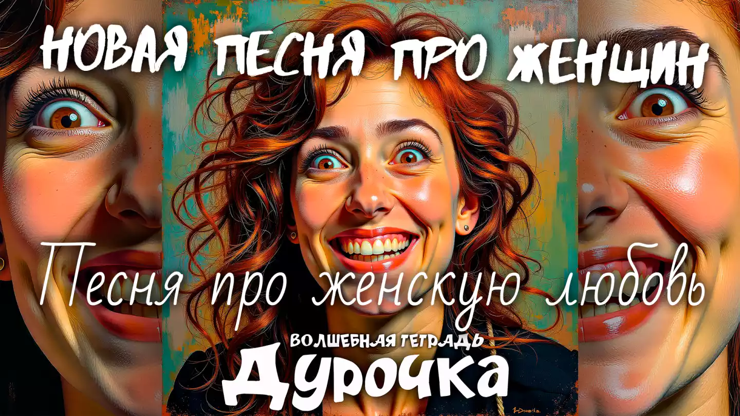Экспрессивная иллюстрация: молодая женщина с широко открытыми глазами и восторженной улыбкой. У неё густые рыжие кудри и выразительная мимика. Изображение дополнено крупным текстом «Дурочка» и подзаголовком «Волшебная тетрадь».