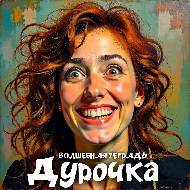 Экспрессивная иллюстрация: молодая женщина с широко открытыми глазами и восторженной улыбкой. У неё густые рыжие кудри и выразительная мимика. Изображение дополнено крупным текстом «Дурочка» и подзаголовком «Волшебная тетрадь».