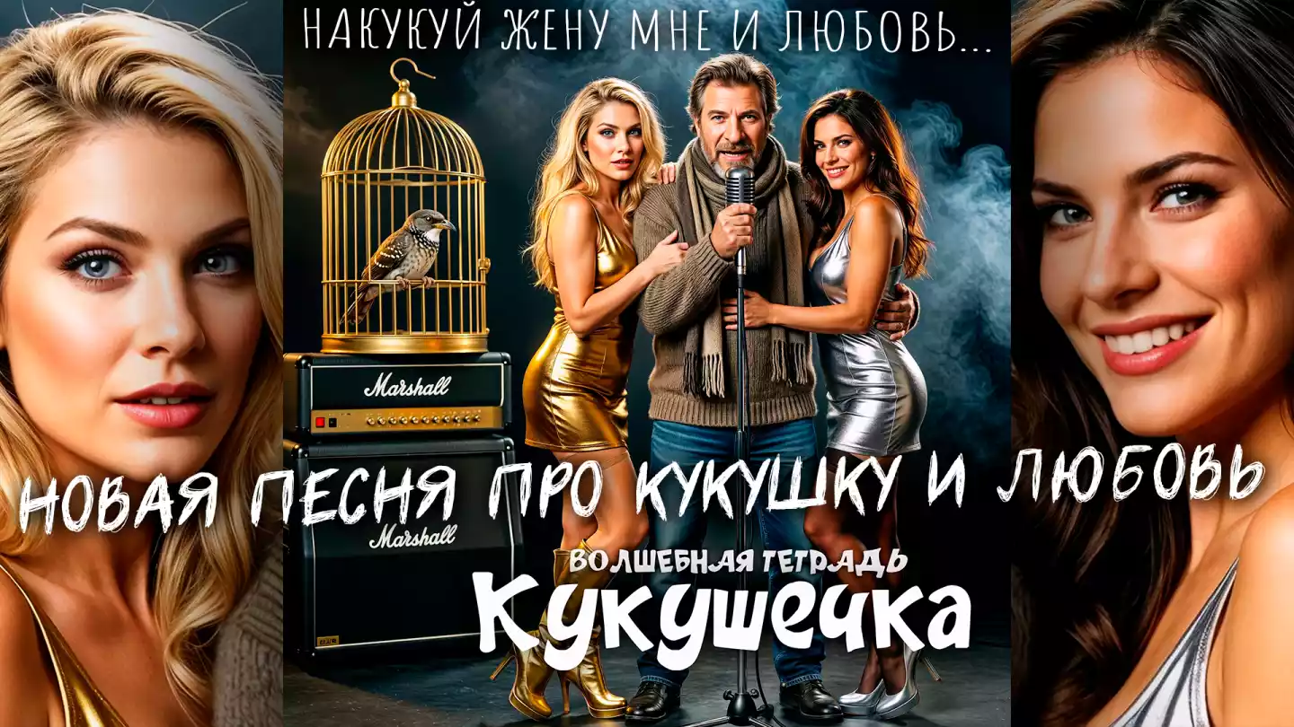 Постер к песне «Волшебная тетрадь - Кукушечка» в стиле ретро-эстрады. Мужчина в вязаном свитере с шарфом поет в винтажный микрофон, его обнимают две девушки в эффектных платьях «металлик» — золотом и серебряном. Слева на стеке усилителей Marshall стоит золотая клетка с кукушкой.