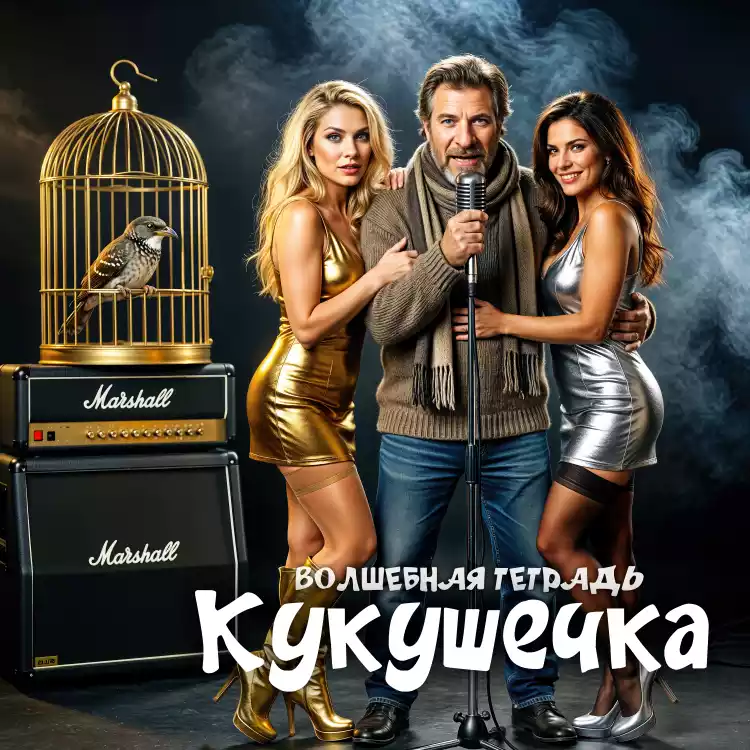 Постер к песне «Волшебная тетрадь - Кукушечка» в стиле ретро-эстрады. Мужчина в вязаном свитере с шарфом поет в винтажный микрофон, его обнимают две девушки в эффектных платьях «металлик» — золотом и серебряном. Слева на стеке усилителей Marshall стоит золотая клетка с кукушкой.