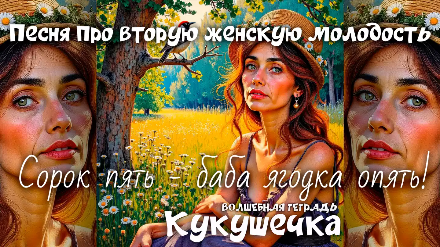 Яркая художественная иллюстрация в стиле импрессионизма: женщина с рыжеватыми волосами в соломенной шляпе с ромашками сидит на лугу под деревом. На ветке рядом с ней сидит птица. Внизу надпись на русском языке: "Волшебная тетрадь. Кукушечка".