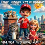 Красочная 3D-иллюстрация в стиле современной анимации, на которой мальчик с микрофоном и девочка в красном платье в горошек сидят на крыше на фоне городского пейзажа. Рядом с ними находятся персонажи детской потешки: крупный полосатый кот с бутылкой молока, трое котят на дымоходе и две маленькие мышки. В углу ярко светит улыбающееся солнце. Сверху расположена надпись «Тише, мыши, кот на крыше!» и логотип «Волшебная тетрадь».