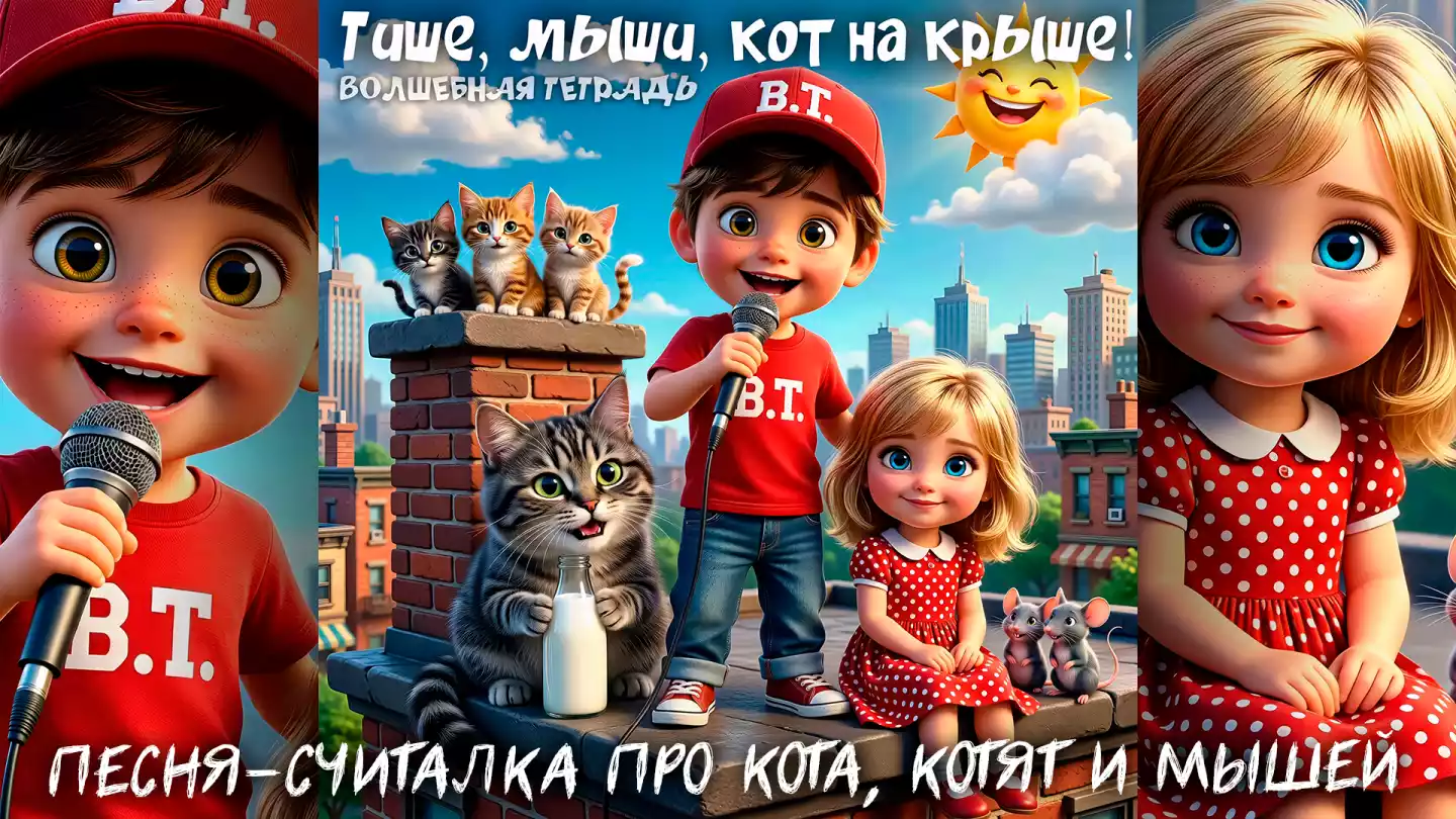 Красочная 3D-иллюстрация в стиле современной анимации, на которой мальчик с микрофоном и девочка в красном платье в горошек сидят на крыше на фоне городского пейзажа. Рядом с ними находятся персонажи детской потешки: крупный полосатый кот с бутылкой молока, трое котят на дымоходе и две маленькие мышки. В углу ярко светит улыбающееся солнце. Сверху расположена надпись «Тише, мыши, кот на крыше!» и логотип «Волшебная тетрадь».