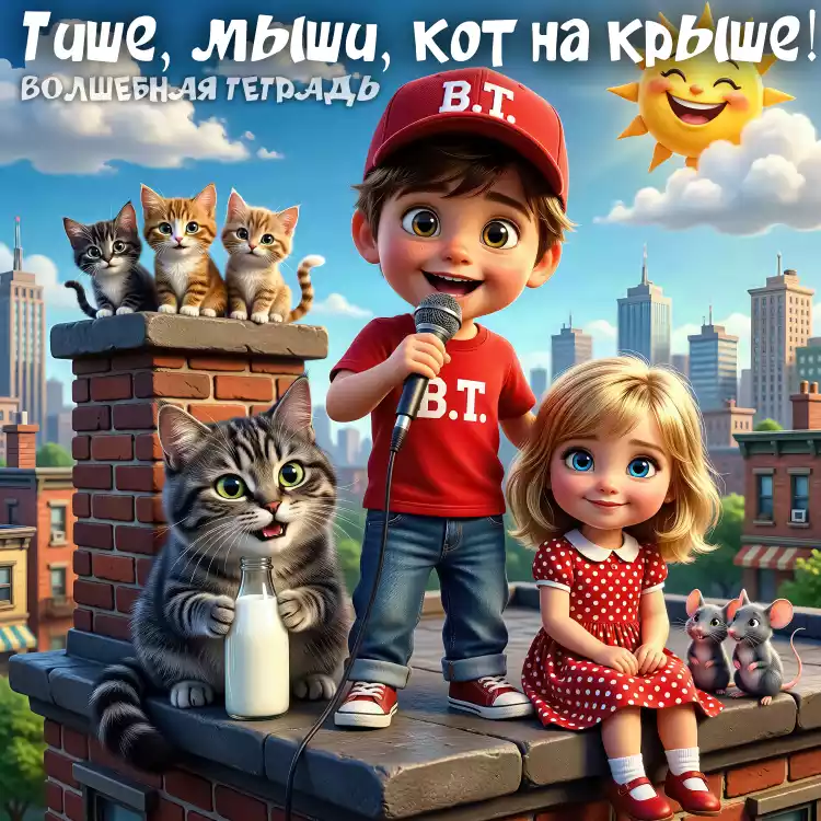 Красочная 3D-иллюстрация в стиле современной анимации, на которой мальчик с микрофоном и девочка в красном платье в горошек сидят на крыше на фоне городского пейзажа. Рядом с ними находятся персонажи детской потешки: крупный полосатый кот с бутылкой молока, трое котят на дымоходе и две маленькие мышки. В углу ярко светит улыбающееся солнце. Сверху расположена надпись «Тише, мыши, кот на крыше!» и логотип «Волшебная тетрадь».
