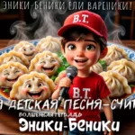 Красочная иллюстрация в мультяшном стиле: улыбающийся мальчик в красной кепке и футболке с буквами «B.T.» поет в микрофон на фоне огромной тарелки с варениками, у которых есть живые смеющиеся лица. Внизу надпись: «Волшебная тетрадь. Эники-Беники».