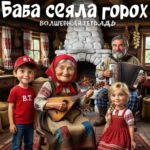 Яркая иллюстрация к детской песне «Баба сеяла горох»: в уютной деревенской избе у печки собралась семья. В центре — улыбающаяся бабушка в красном платке играет на балалайке, рядом дедушка с аккордеоном. На переднем плане — радостные внук в красной кепке и внучка в сарафане с длинной косой.