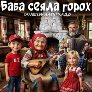 Яркая иллюстрация к детской песне «Баба сеяла горох»: в уютной деревенской избе у печки собралась семья. В центре — улыбающаяся бабушка в красном платке играет на балалайке, рядом дедушка с аккордеоном. На переднем плане — радостные внук в красной кепке и внучка в сарафане с длинной косой.