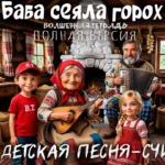 Яркая иллюстрация к детской песне «Баба сеяла горох»: в уютной деревенской избе у печки собралась семья. В центре — улыбающаяся бабушка в красном платке играет на балалайке, рядом дедушка с аккордеоном. На переднем плане — радостные внук в красной кепке и внучка в сарафане с длинной косой.