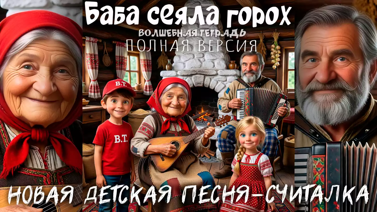 Яркая иллюстрация к детской песне «Баба сеяла горох»: в уютной деревенской избе у печки собралась семья. В центре — улыбающаяся бабушка в красном платке играет на балалайке, рядом дедушка с аккордеоном. На переднем плане — радостные внук в красной кепке и внучка в сарафане с длинной косой.