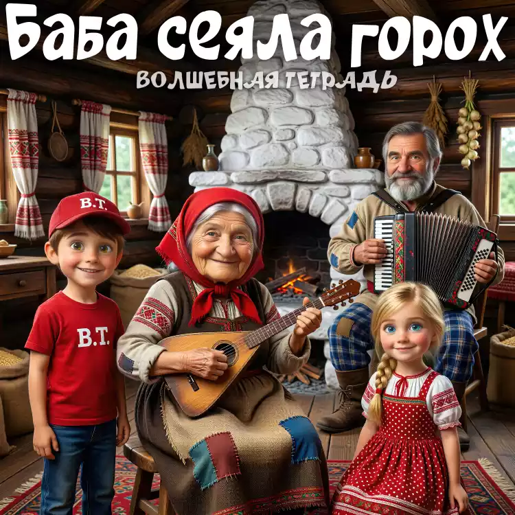 Яркая иллюстрация к детской песне «Баба сеяла горох»: в уютной деревенской избе у печки собралась семья. В центре — улыбающаяся бабушка в красном платке играет на балалайке, рядом дедушка с аккордеоном. На переднем плане — радостные внук в красной кепке и внучка в сарафане с длинной косой.
