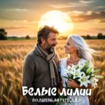 Мужчина в уютном коричневом свитере и шарфе и женщина с белыми лилиями стоят в пшеничном поле на фоне восходящего солнца. На изображении надпись: «Белые лилии. Волшебная тетрадь».