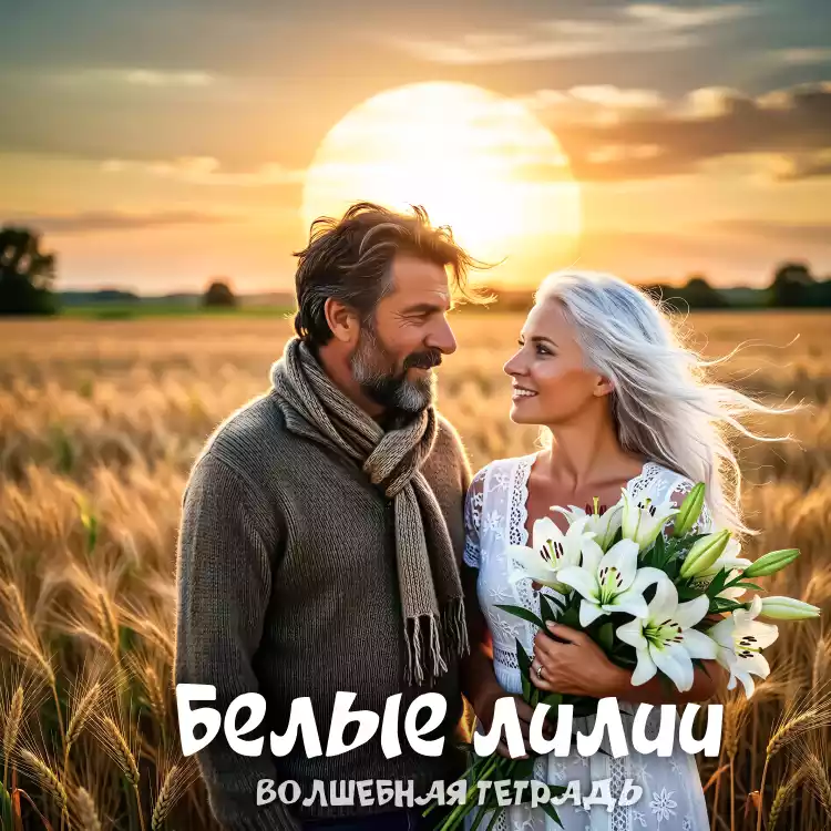 Мужчина в уютном коричневом свитере и шарфе и женщина с белыми лилиями стоят в пшеничном поле на фоне восходящего солнца. На изображении надпись: «Белые лилии. Волшебная тетрадь».