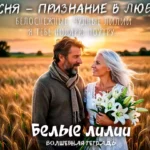 Мужчина в уютном коричневом свитере и шарфе и женщина с белыми лилиями стоят в пшеничном поле на фоне восходящего солнца. На изображении надпись: «Белые лилии. Волшебная тетрадь».