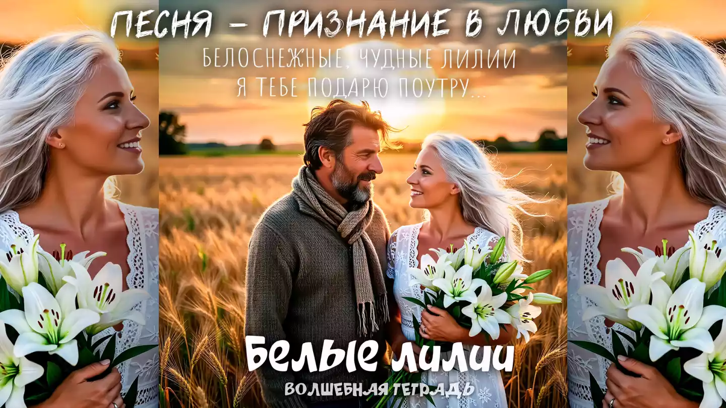 Мужчина в уютном коричневом свитере и шарфе и женщина с белыми лилиями стоят в пшеничном поле на фоне восходящего солнца. На изображении надпись: «Белые лилии. Волшебная тетрадь».