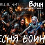 Цифровой арт в стиле темного фэнтези: орк в шипастых доспехах, суровый мечник и седовласый маг с магическим свечением глаз играют на гитарах и лютне в мрачной таверне. На переднем плане — дубовый стол со свечами и кружками, на заднем — горящий камин. Сверху текст: «Воин» и «Волшебная тетрадь».