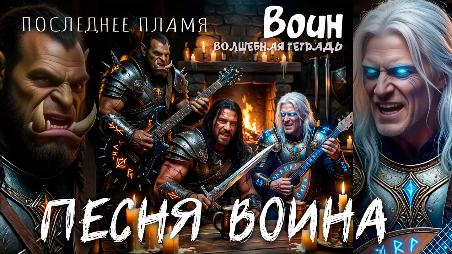 Цифровой арт в стиле темного фэнтези: орк в шипастых доспехах, суровый мечник и седовласый маг с магическим свечением глаз играют на гитарах и лютне в мрачной таверне. На переднем плане — дубовый стол со свечами и кружками, на заднем — горящий камин. Сверху текст: «Воин» и «Волшебная тетрадь».