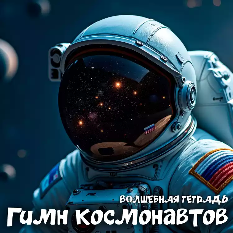 Изображение космонавта в белом скафандре с российским флагом на плече, в шлеме которого отражается звездное небо. В нижней части картинки надпись: „Гимн космонавтов. Волшебная тетрадь“