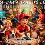 Мультяшная иллюстрация счастливой семьи в интерьере квартиры: дедушка и мальчик на гитарах, девочка на пианино, малышка на барабанах. Вокруг много животных: коты, собака, хомяк и золотая рыбка. Текст на плакате: «Волшебная тетрадь. Кто живет у нас в квартире?».