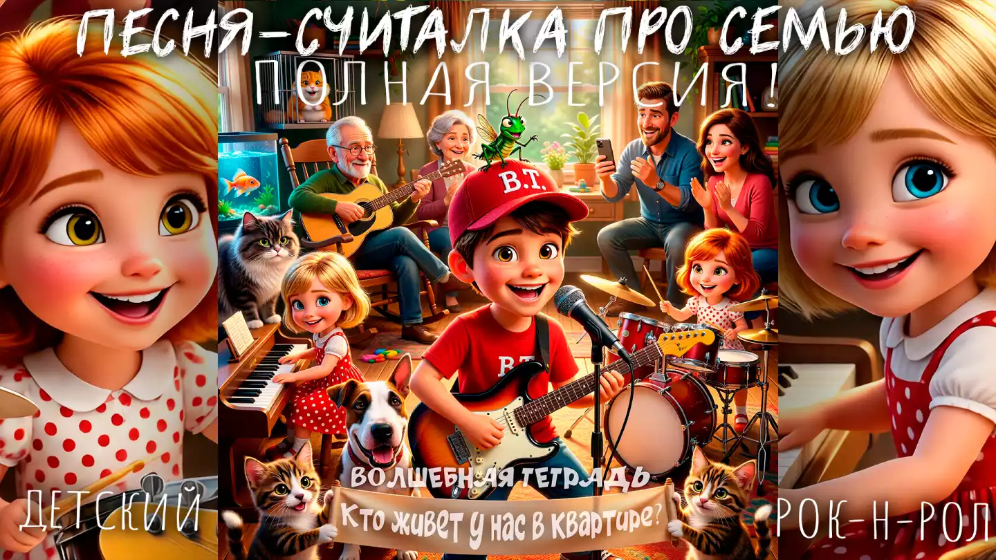 Мультяшная иллюстрация счастливой семьи в интерьере квартиры: дедушка и мальчик на гитарах, девочка на пианино, малышка на барабанах. Вокруг много животных: коты, собака, хомяк и золотая рыбка. Текст на плакате: «Волшебная тетрадь. Кто живет у нас в квартире?».