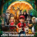 Яркое и веселое изображение в стиле современной 3D-анимации. На переднем плане мальчик с электрогитарой и девочка за синтезатором поют в микрофоны. На фоне огромной дольки апельсина собралось множество дружелюбных животных: слон с ежиком на голове, олень, ослик, шимпанзе, волк-барабанщик, овечка, павлин, пингвин и другие. Внизу расположена крупная надпись на русском языке: «ВОЛШЕБНАЯ ТЕТРАДЬ. Мы делили апельсин...». Все персонажи улыбаются, создавая праздничную и музыкальную атмосферу.