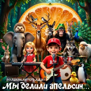 Яркое и веселое изображение в стиле современной 3D-анимации. На переднем плане мальчик с электрогитарой и девочка за синтезатором поют в микрофоны. На фоне огромной дольки апельсина собралось множество дружелюбных животных: слон с ежиком на голове, олень, ослик, шимпанзе, волк-барабанщик, овечка, павлин, пингвин и другие. Внизу расположена крупная надпись на русском языке: «ВОЛШЕБНАЯ ТЕТРАДЬ. Мы делили апельсин...». Все персонажи улыбаются, создавая праздничную и музыкальную атмосферу.
