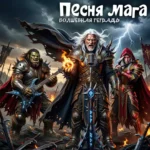 Изображение в стиле темного фэнтези: рок-группа из фэнтезийных существ. В центре — седовласый маг-вокалист в тяжелых доспехах, призывающий огонь и поющий в винтажный микрофон. Слева орк-гитарист играет на шипастой электрогитаре, справа — эльф в алом капюшоне. На фоне грозовое небо, молнии и поле битвы с вонзенными в землю мечами. Сверху надпись на русском: «Песня мага. Волшебная тетрадь».