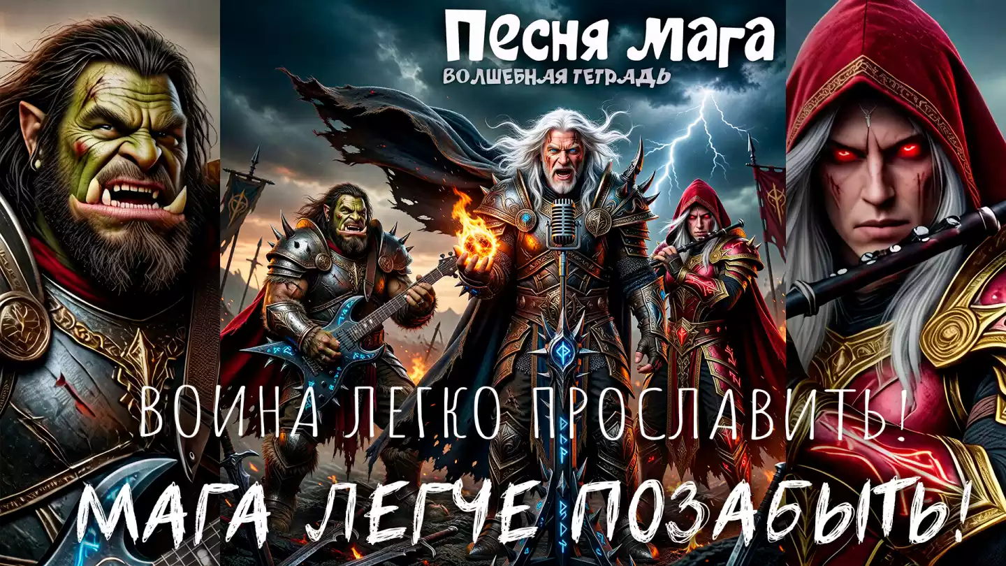 Изображение в стиле темного фэнтези: рок-группа из фэнтезийных существ. В центре — седовласый маг-вокалист в тяжелых доспехах, призывающий огонь и поющий в винтажный микрофон. Слева орк-гитарист играет на шипастой электрогитаре, справа — эльф в алом капюшоне. На фоне грозовое небо, молнии и поле битвы с вонзенными в землю мечами. Сверху надпись на русском: «Песня мага. Волшебная тетрадь».