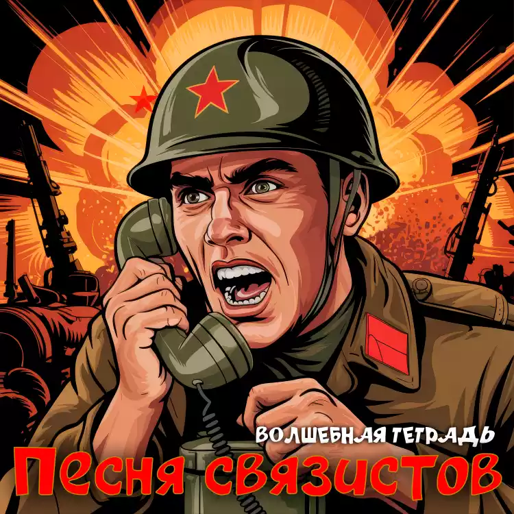 Иллюстрация в стиле советского плаката: советский солдат-связист в каске с красной звездой кричит в телефонную трубку на фоне мощных взрывов. В нижней части изображения крупная красная надпись «Песня связистов» и подпись «Волшебная тетрадь».