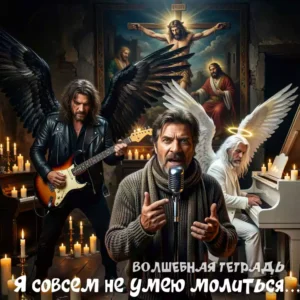 Цифровой рисунок. В центре — мужчина средних лет в вязаном свитере и шарфе, поющий в микрофон. Слева — гитарист в кожаной куртке с огромными черными крыльями. Справа — седовласый мужчина в белом костюме с нимбом и белыми крыльями за роялем. На заднем плане — икона распятия Христа. В нижней части кадра белая надпись на русском языке: «Волшебная тетрадь. Я совсем не умею молиться...».