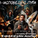 Цифровой рисунок. В центре — мужчина средних лет в вязаном свитере и шарфе, поющий в микрофон. Слева — гитарист в кожаной куртке с огромными черными крыльями. Справа — седовласый мужчина в белом костюме с нимбом и белыми крыльями за роялем. На заднем плане — икона распятия Христа. В нижней части кадра белая надпись на русском языке: «Волшебная тетрадь. Я совсем не умею молиться...».