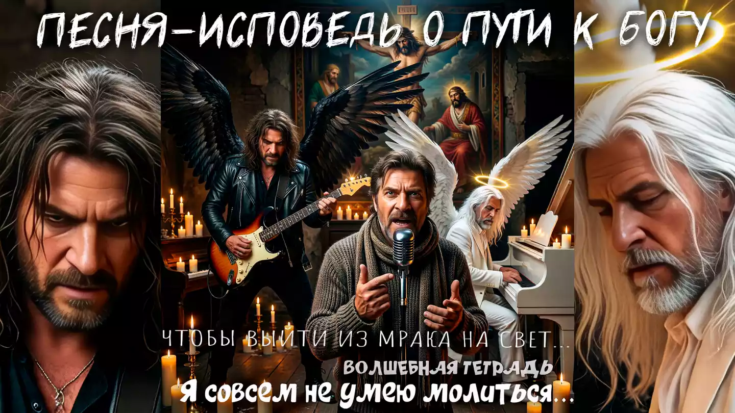 Цифровой рисунок. В центре — мужчина средних лет в вязаном свитере и шарфе, поющий в микрофон. Слева — гитарист в кожаной куртке с огромными черными крыльями. Справа — седовласый мужчина в белом костюме с нимбом и белыми крыльями за роялем. На заднем плане — икона распятия Христа. В нижней части кадра белая надпись на русском языке: «Волшебная тетрадь. Я совсем не умею молиться...».