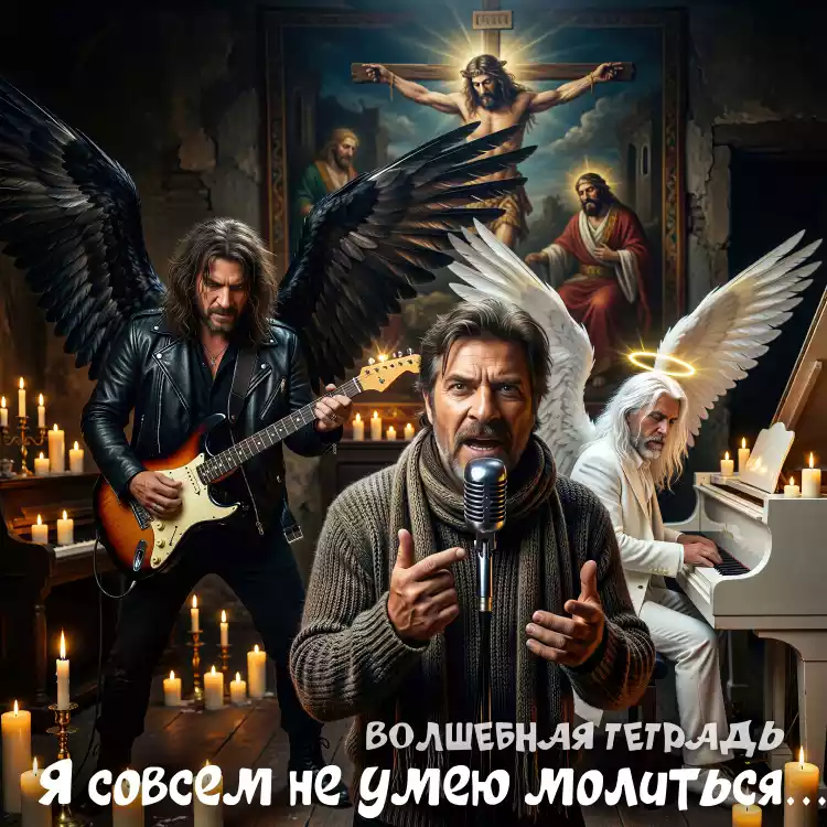 Цифровой рисунок. В центре — мужчина средних лет в вязаном свитере и шарфе, поющий в микрофон. Слева — гитарист в кожаной куртке с огромными черными крыльями. Справа — седовласый мужчина в белом костюме с нимбом и белыми крыльями за роялем. На заднем плане — икона распятия Христа. В нижней части кадра белая надпись на русском языке: «Волшебная тетрадь. Я совсем не умею молиться...».