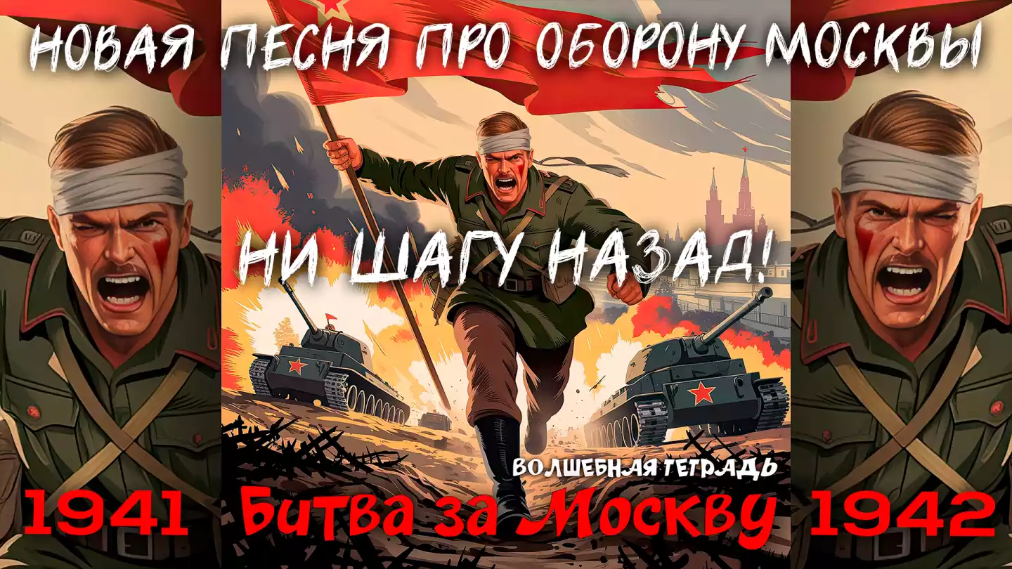 На изображении солдат в военной форме бежит вперёд, держа красный флаг. Вокруг взрывы и танки. На заднем плане видна Москва. Подпись: «Битва за Москву». Волшебная тетрадь.
