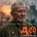 Иллюстрация в реалистичном стиле: крупный план пожилого мужчины в советской военной форме с орденом Красной Звезды. На заднем плане — сцена боя у Рейхстага в Берлине под закатным небом. Крупная надпись оранжевым цветом «Дед» и подзаголовок «Волшебная тетрадь».