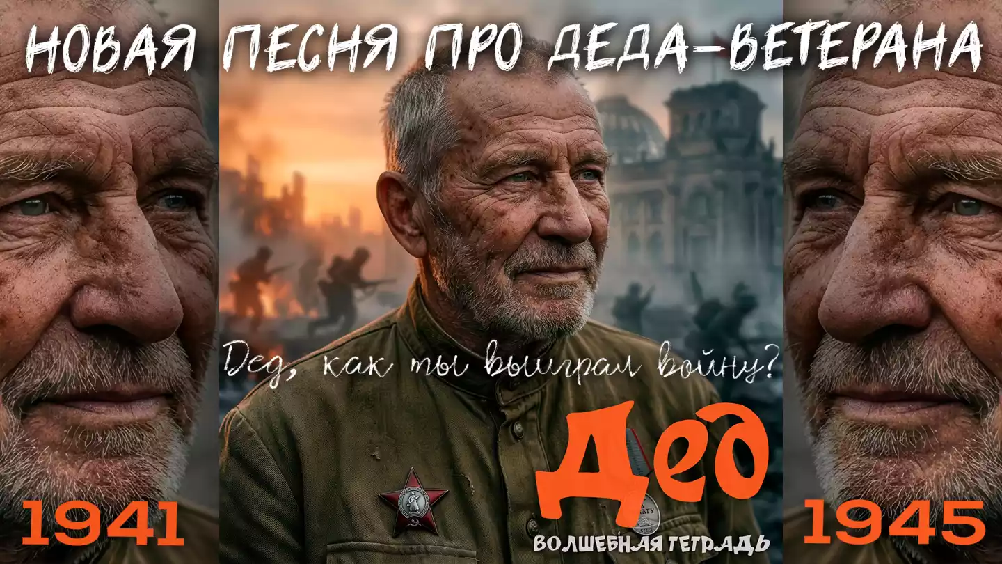 Иллюстрация в реалистичном стиле: крупный план пожилого мужчины в советской военной форме с орденом Красной Звезды. На заднем плане — сцена боя у Рейхстага в Берлине под закатным небом. Крупная надпись оранжевым цветом «Дед» и подзаголовок «Волшебная тетрадь».