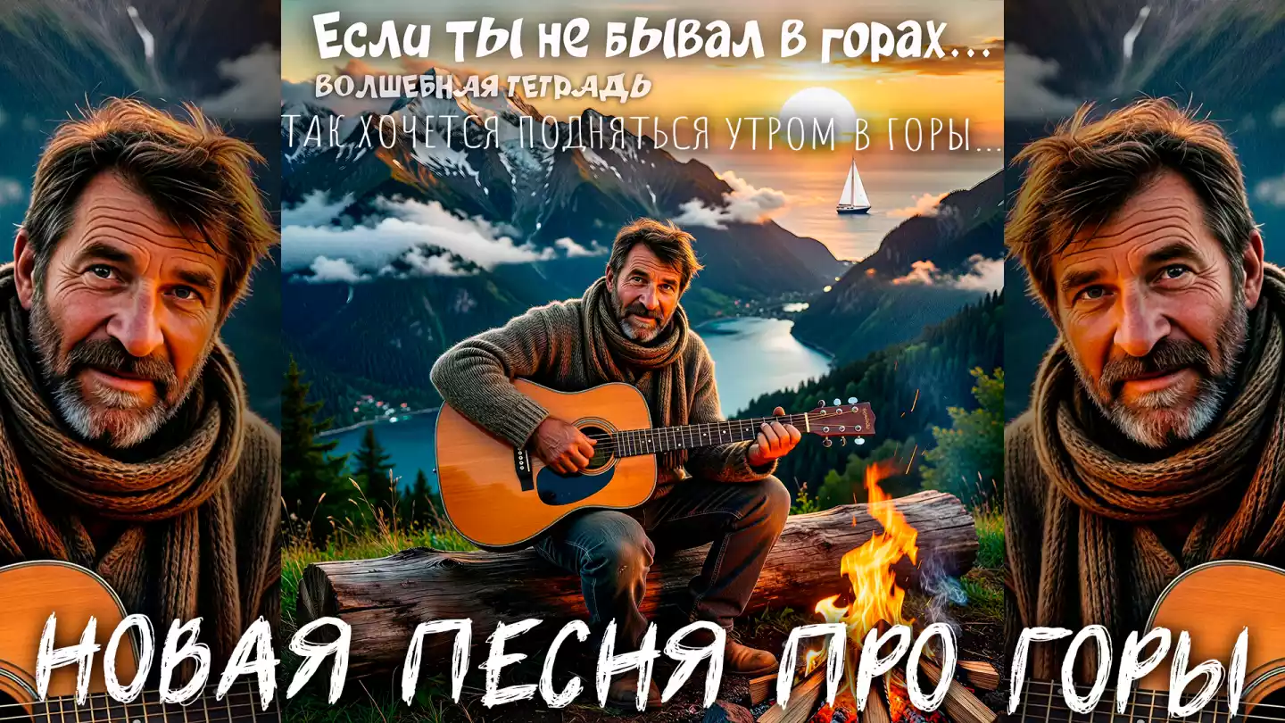 Мужчина-альпинист средних лет с бородой сидит на бревне у костра и играет на акустической гитаре на фоне заката в горах с озером и парусником. Вверху изображения расположена надпись «Если ты не бывал в горах… ВОЛШЕБНАЯ ТЕТРАДЬ».